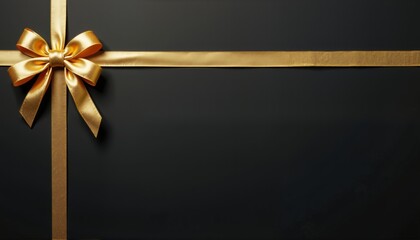 Golden ribbon bow on a black background. Elegant decorative element for celebration, anniversary, or holiday banner or greeting card.