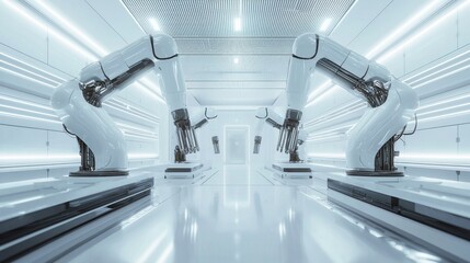 Futuristic Robotic Assembly Line, Advanced Automation in a Sterile White Factory