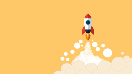Rocket launching with white smoke trail on yellow background