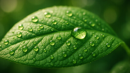 Macro of a green leaf with water droplets and soft natural bokeh