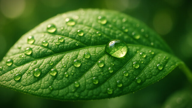 Macro of a green leaf with water droplets and soft natural bokeh - Powered by Adobe