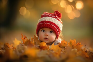A cute baby girl is playing in the pile of yellow and orange leaves, wearing a red hat with white stripes