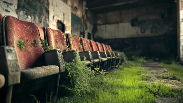 Overgrown Cinema Seating: Abandoned Theater with Nature Reclaiming its Space