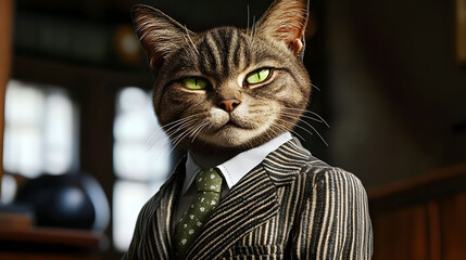 Portrait of a Cat in a Brown Striped Suit and Green Tie, Dark Background