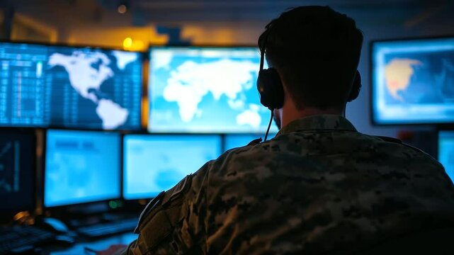 High-security military control room, soldier working under low ambient light while analyzing international threat alerts and strategy maps