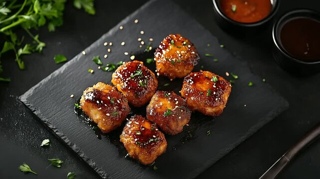 Honey-glazed chicken nuggets on dark slate board, surrounded by herbs and small ramekins of dipping sauces, styled with culinary flair