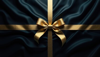 Golden ribbon bow on a deep blue textured background. Elegant decorative element for celebration, anniversary, or holiday banner or greeting card.