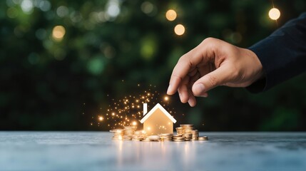Man with hand over glowing house model and rising house icons. Real estate investment growth and property value appreciation concept.