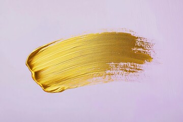 A single bold gold brushstroke on a soft pastel lilac background, with a subtle gold blot smear blending outward, creating a serene and minimalist abstract piece.