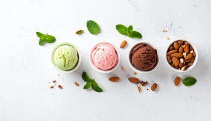 Trio of Ice Cream Scoops on White