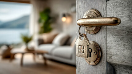 A brass key with a house-shaped head inserted in a contemporary door lock, with a cozy living room in the background