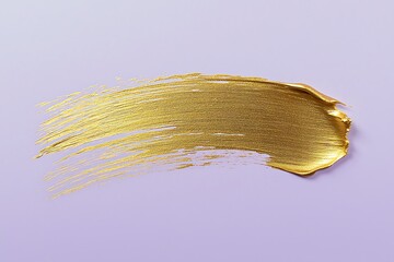 A single bold gold brushstroke on a soft pastel lilac background, with a subtle gold blot smear blending outward, creating a serene and minimalist abstract piece.