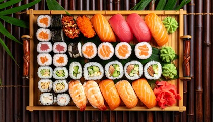 Colorful Sushi Rolls on Bamboo Mat