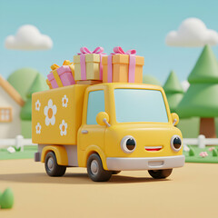 3D Rendered Cartoon Truck Delivering Gifts Festive Cute Vehicle Illustration