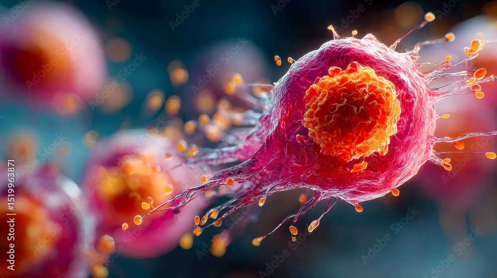 Poster artistic 3d visualization of a vibrant, abstract cell structure with filament-like petals and glowin