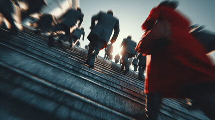 Low-angle view of people in formal attire climbing stone steps in a city, capturing dynamic motion and ambition