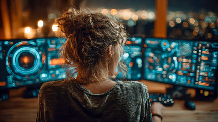 Obraz premium Woman monitoring multiple data-rich screens in a control room with a sunset view over a cityscape