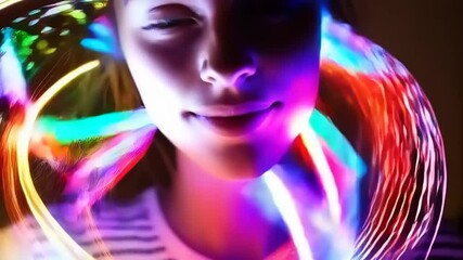 Radiant portrait of a young woman with mesmerizing trails of vibrant lights - Powered by Adobe