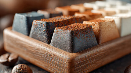 Photorealistic close-up of textured coffee-flavored chocolate bars in a wooden tray, dusted with cocoa powder