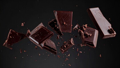 Rich, velvety chocolate pieces breaking apart in slow-motion over a deep black void