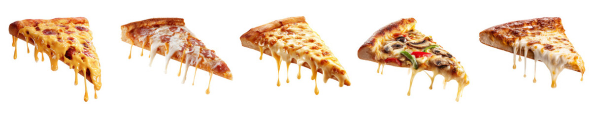 Melting dripping cheese pizza slices with assorted toppings isolated on transparent background