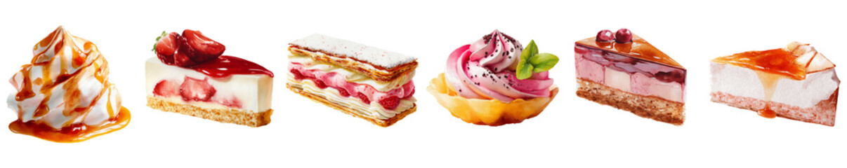 Watercolor assorted dessert cakes and tarts with creamy toppings isolated on transparent background