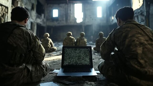Interior of crumbling warehouse, camouflaged soldiers kneel in formation around a laptop showing digital topography with movement markers