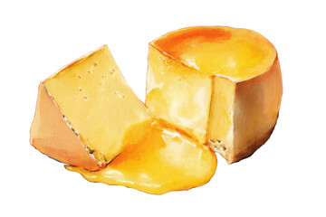 Watercolor melting cheese wheel with soft creamy isolated on transparent background