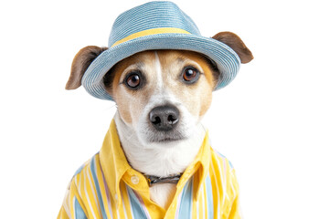 Cute dog wearing summer striped shirt and blue straw hat isolated on transparent background