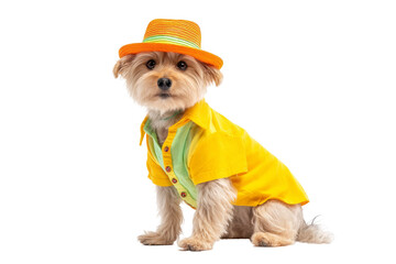 Adorable small dog in bright yellow summer shirt and orange hat isolated on transparent background