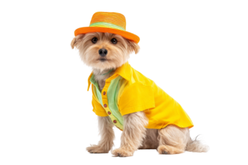 Adorable small dog in bright yellow summer shirt and orange hat isolated on transparent background