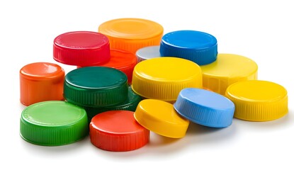 Colorful plastic bottle caps of different sizes and colors on a white background, representing eco-friendly products