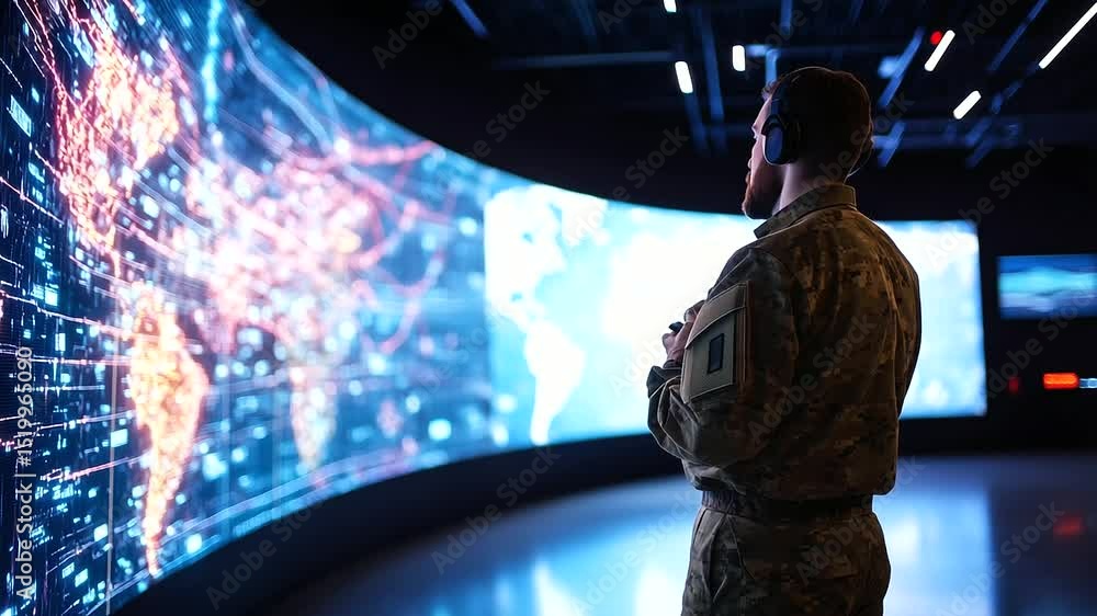 Poster military analyst in uniform stands before a massive curved screen, analyzing movement patterns and s