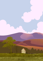 Landscape scene with mountain peaks, hill, lake vector illustration background.
