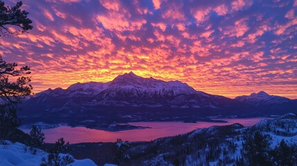 Majestic winter sunrise over mountain range with vibrant clouds and valley landscape