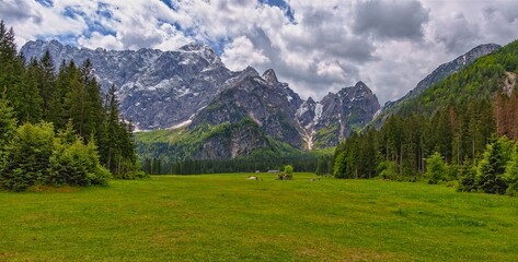 panorama of the mountains, Laghi di Fusine, Italy, Europe, May 2025