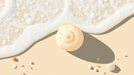 Realistic tropical beach set with seashells, starfish, sea foam, and golden sand under natural light. Ideal for summer, wellness, travel, and relaxation themes.