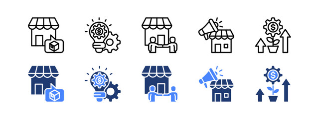 Business integration icon set with Market, Business Strategy, Collaboration, Marketing and Investment.