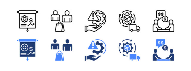 Business integration icon set with Business Plan, Customer, Risk Management, Supply Chain Management and Negotiation.