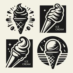 Black and white flat vector logo set with ice cream cones, popsicles, and frozen treats. Retro style branding icons for ice cream shops, gelaterias, and summer dessert businesses.