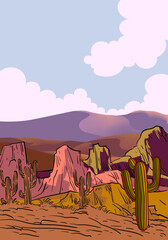 Landscape scene with mountain peaks, hill, lake vector illustration background.