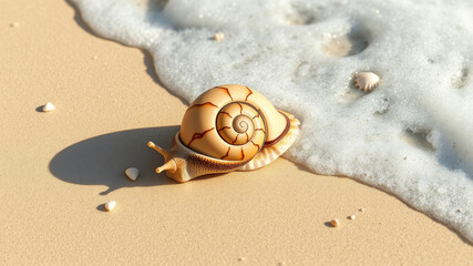 Realistic tropical beach set with seashells, starfish, sea foam, and golden sand under natural light. Ideal for summer, wellness, travel, and relaxation themes.