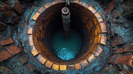 Fototapeta premium Sewage pipe pumping machine in brick well. Sewer cleaning service. Sanitation infrastructure, wastewater removal. Waste management. Water utility maintenance. Environmental protection. Industrial.