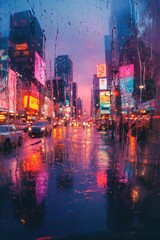 Rainy City Nightscape Viewed Through Rain Streaked Window