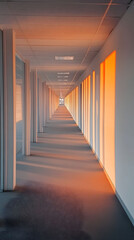 Long Office Corridor Sunset Light Orange Walls Modern Architecture Interior