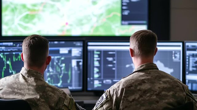 Rear angle of two troops working together on strategic supply map interface, large screens showing inventory data for food, medical kits, and fuel