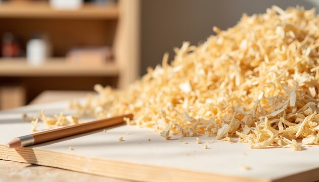 Pile of wood shavings on a workbench with a wooden pencil nearby, showcasing craftsmanship and the art of woodworking in a creative workshop environment