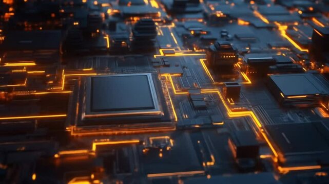 Glowing circuit board with central processor chip and orange data pathways animation. Seamless looping 4k time-lapse animation video background