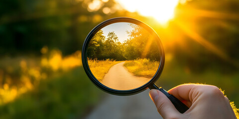 Hand Holding Magnifying Glass Showing a Scenic Sunset Path