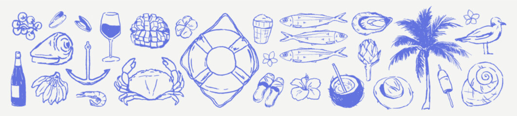 Italian marine drawing set. Hand drawn chalk scribble sketched vector illustrations.Summer sea nautical vacation elements in grunge crayon rough sketch style. Watercolor, charcoal texture for design.